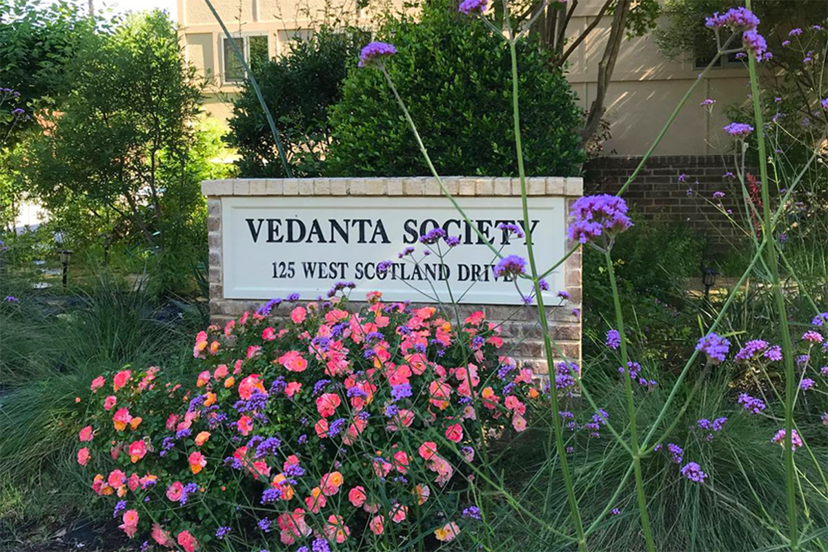 Vedanta Society entrance with flowers